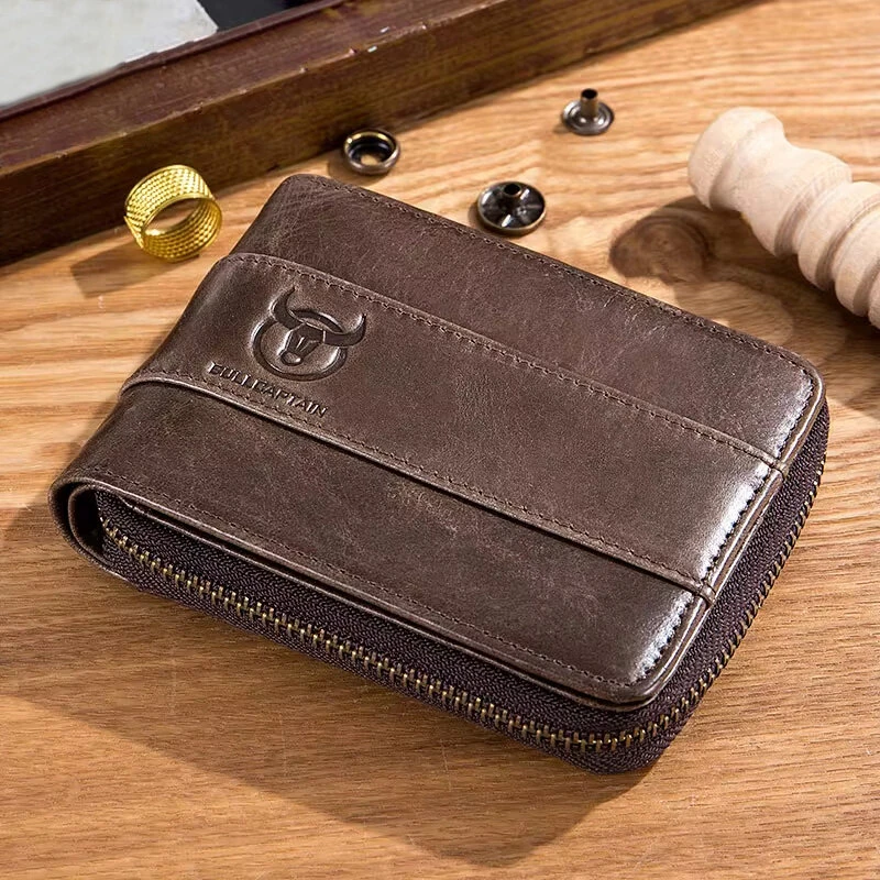 (image for) BULLCAPTAIN Genuine Leather Zipper Men Wallets Multi Card Slot ID Card Mini Holder Bags Bussiness Casual Coin Purse